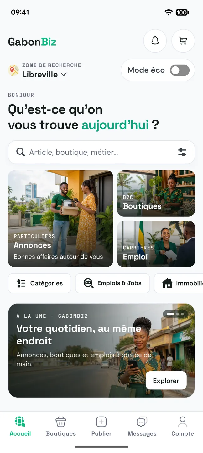 Accueil de GabonBiz avec les rubriques Annonces, Boutiques et Emplois